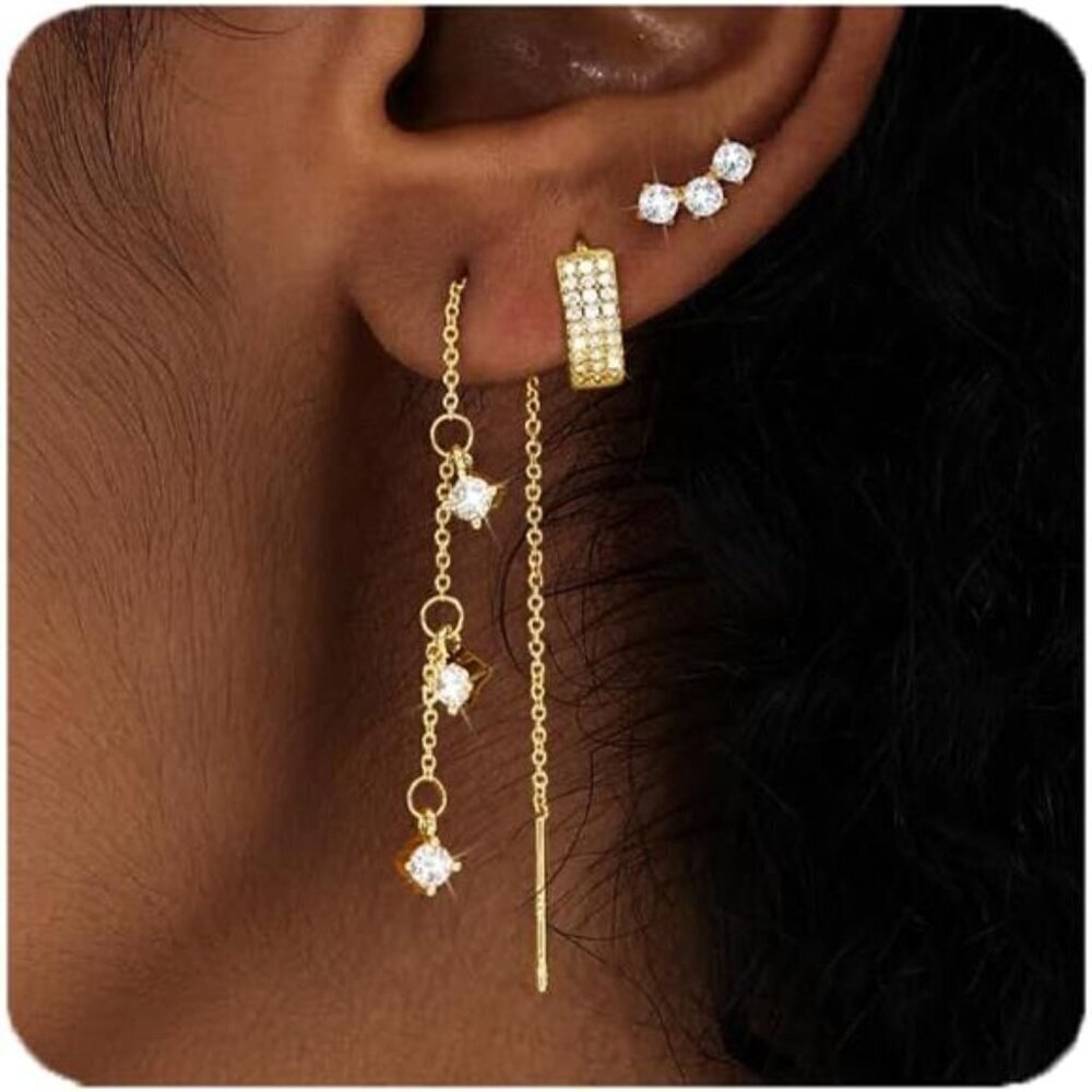 Gold Dangle and Stud Earring for Women 3 PR Chain Cubic Zirconia Hoop 14K Plated